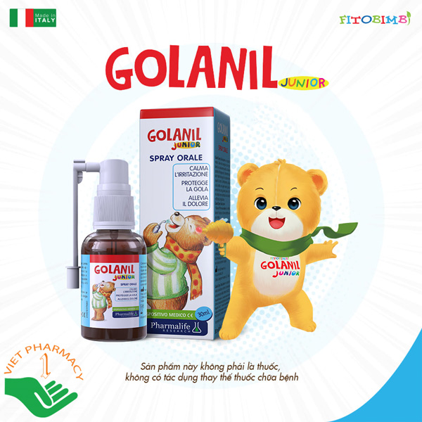 Xịt họng Golanil Junior Spray Orale giảm ho, đau họng ở trẻ.