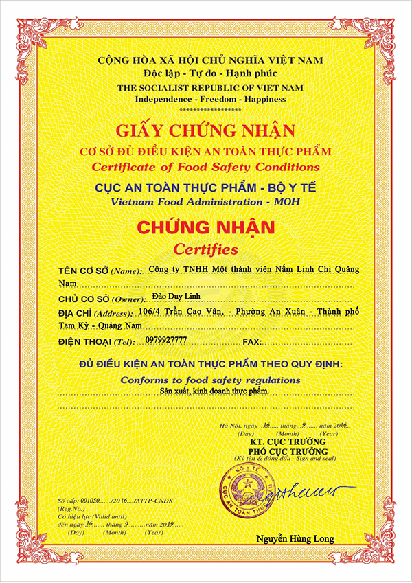 Giấy chứng nhận cơ sở đủ điều kiện vệ sinh an toàn thực phẩm của Công ty TNHH MTV Nấm linh chi Quảng Nam
